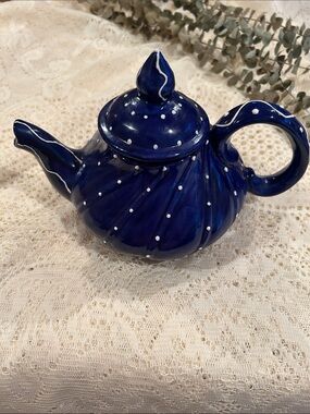 Hand painted/ Hand made  Navy Blue Ceramic Teapot with White Dot Accents.